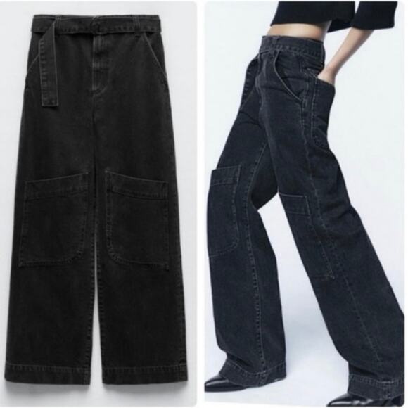 Zara Cargo Utility Belted Denim Jeans High Rise Wide Gray Sz2 belt not included - Picture 1 of 16